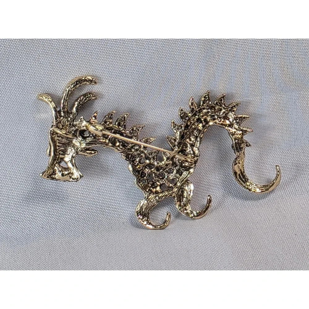 Multicolor Rhinestone Dragon Brooch Antique‎ Gold Tone Crystal Mythical Pin 4 In